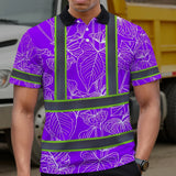 Hi Vis Polo Shirt Reflective Tapes Violet Neon Flowers Custom Name Safety Workwear For Workers, Truckers, Operators