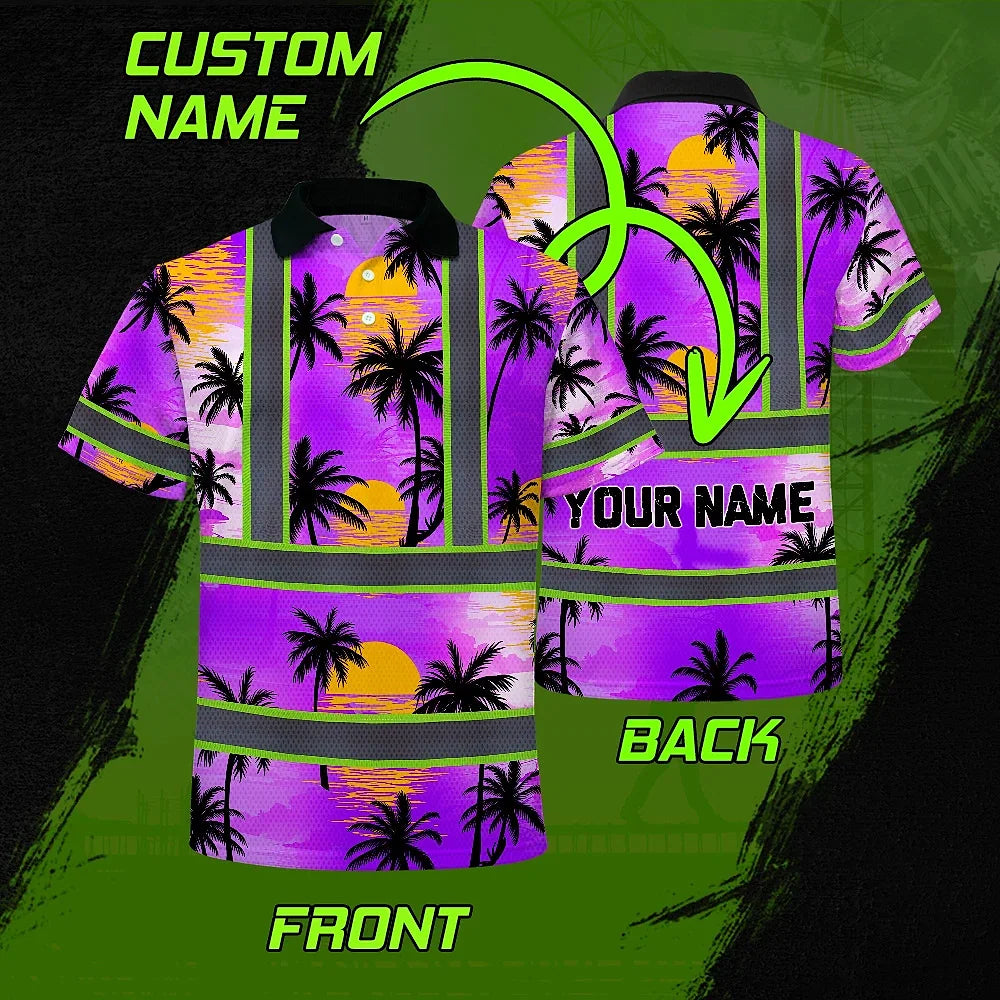 Hi Vis Polo Shirt Reflective Tapes Violet Neon Flowers Custom Name