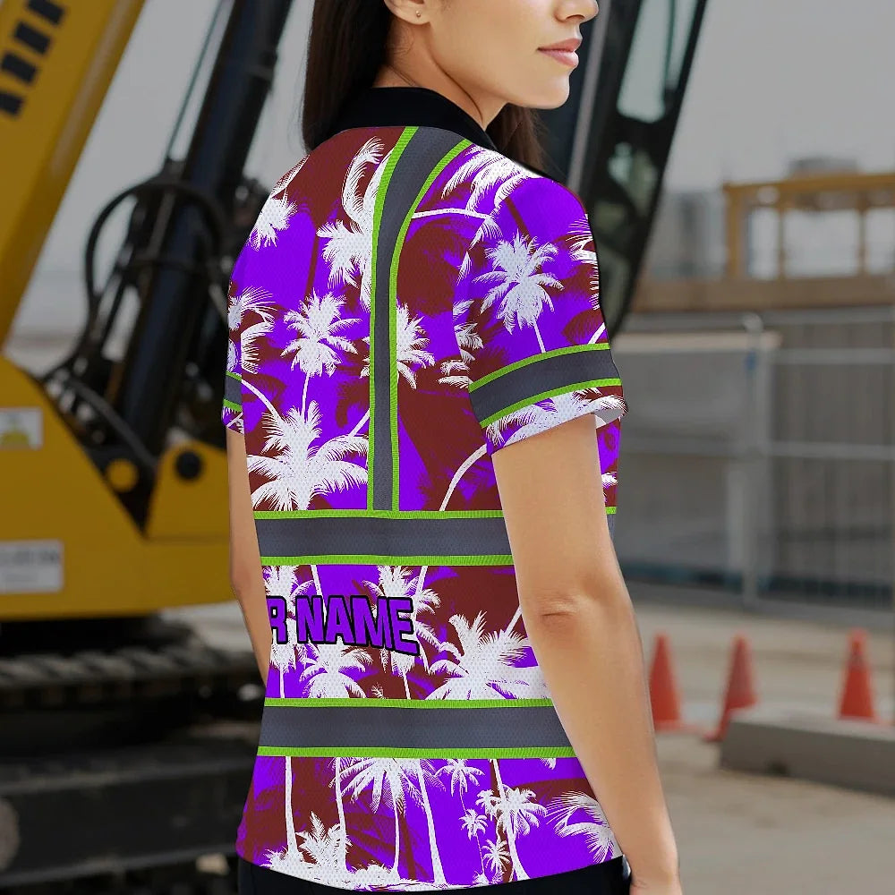 Hi Vis Polo Shirt Reflective Tapes Violet Neon Flowers Custom Name Safety Workwear For Workers, Truckers, Operators