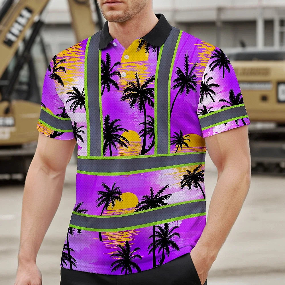 Hi Vis Polo Shirt Reflective Tapes Violet Neon Flowers Custom Name
