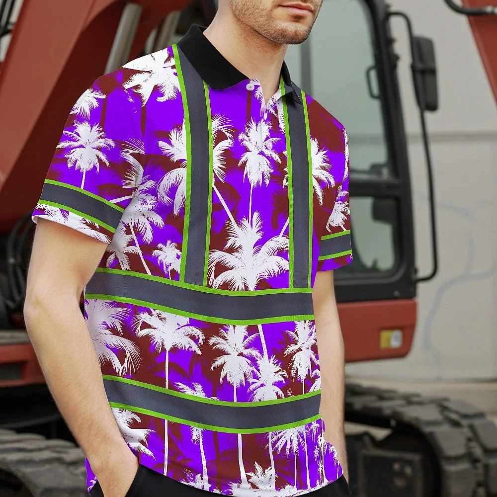 Hi Vis Polo Shirt Reflective Tapes Violet Neon Flowers Custom Name Safety Workwear For Workers, Truckers, Operators