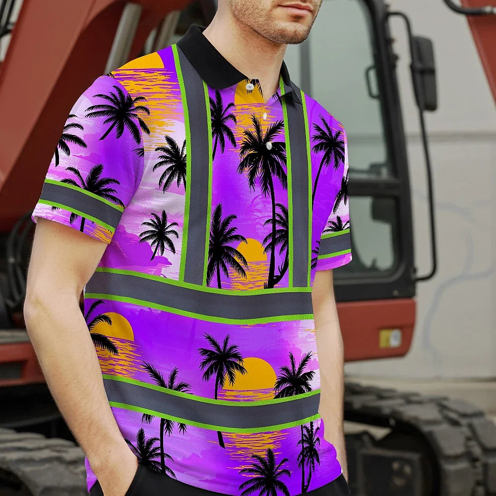 Hi Vis Polo Shirt Reflective Tapes Violet Neon Flowers Custom Name