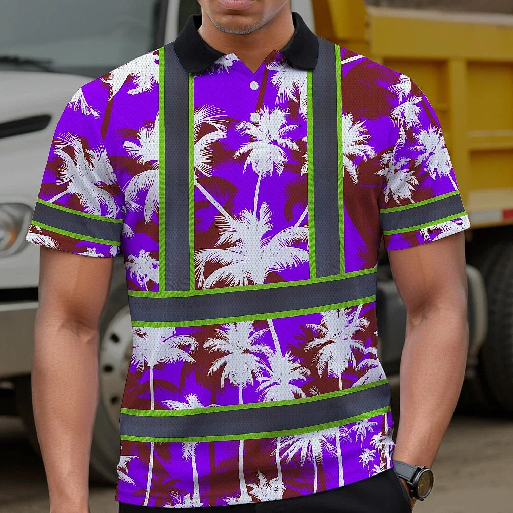 Hi Vis Polo Shirt Reflective Tapes Violet Neon Flowers Custom Name Safety Workwear For Workers, Truckers, Operators