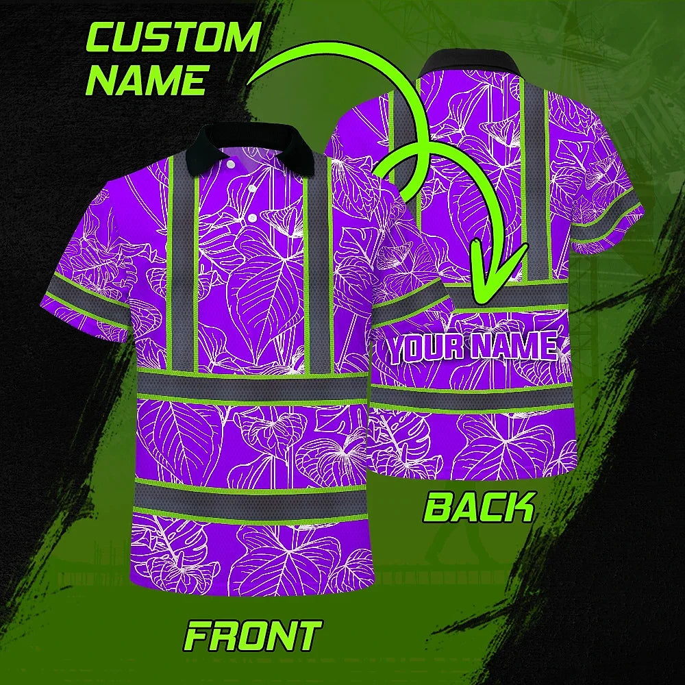 Hi Vis Polo Shirt Reflective Tapes Violet Neon Flowers Custom Name Safety Workwear For Workers, Truckers, Operators