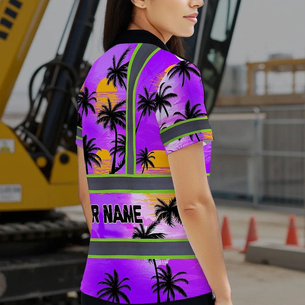 Hi Vis Polo Shirt Reflective Tapes Violet Neon Flowers Custom Name