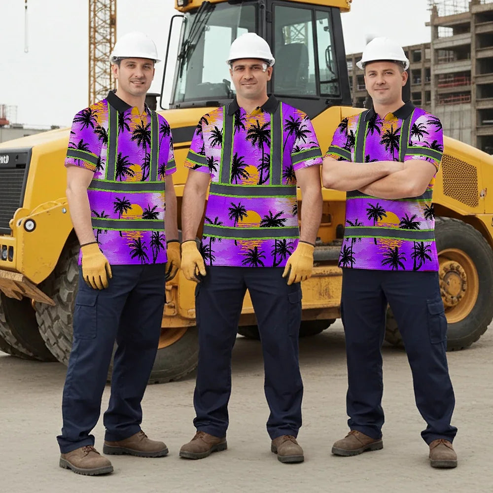 Hi Vis Polo Shirt Reflective Tapes Violet Neon Flowers Custom Name