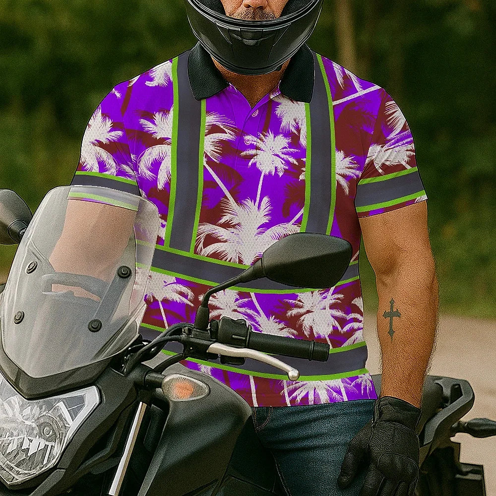 Hi Vis Polo Shirt Reflective Tapes Violet Neon Flowers Custom Name Safety Workwear For Workers, Truckers, Operators