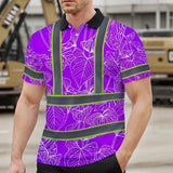 Hi Vis Polo Shirt Reflective Tapes Violet Neon Flowers Custom Name Safety Workwear For Workers, Truckers, Operators