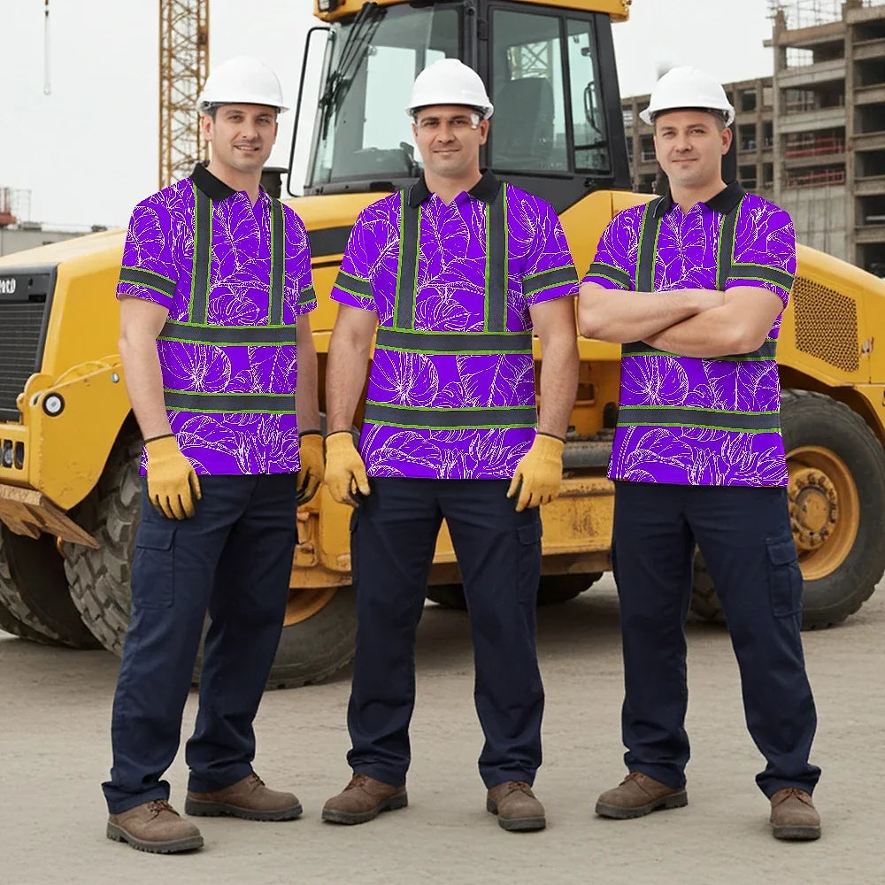 Hi Vis Polo Shirt Reflective Tapes Violet Neon Flowers Custom Name Safety Workwear For Workers, Truckers, Operators