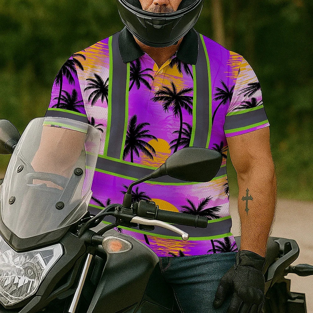Hi Vis Polo Shirt Reflective Tapes Violet Neon Flowers Custom Name