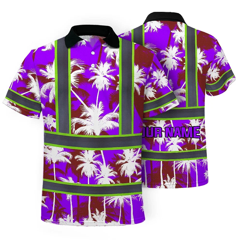 Hi Vis Polo Shirt Reflective Tapes Violet Neon Flowers Custom Name Safety Workwear For Workers, Truckers, Operators