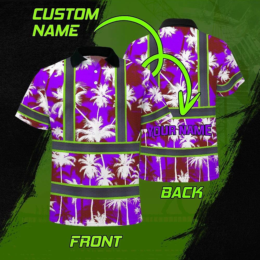 Hi Vis Polo Shirt Reflective Tapes Violet Neon Flowers Custom Name Safety Workwear For Workers, Truckers, Operators