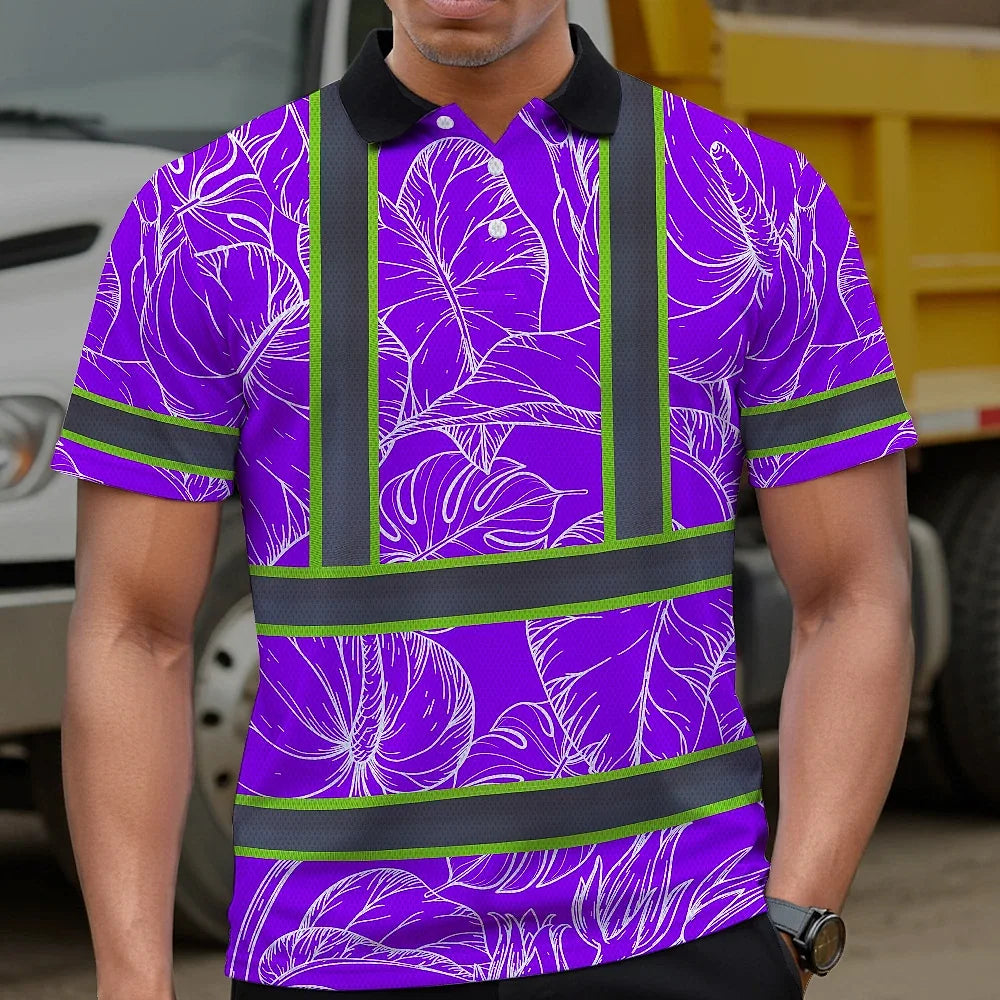 Hi Vis Polo Shirt Reflective Tapes Violet Neon Flowers Custom Name Safety Workwear For Workers, Truckers, Operators