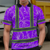 Hi Vis Polo Shirt Reflective Tapes Violet Neon Flowers Custom Name Safety Workwear For Workers, Truckers, Operators