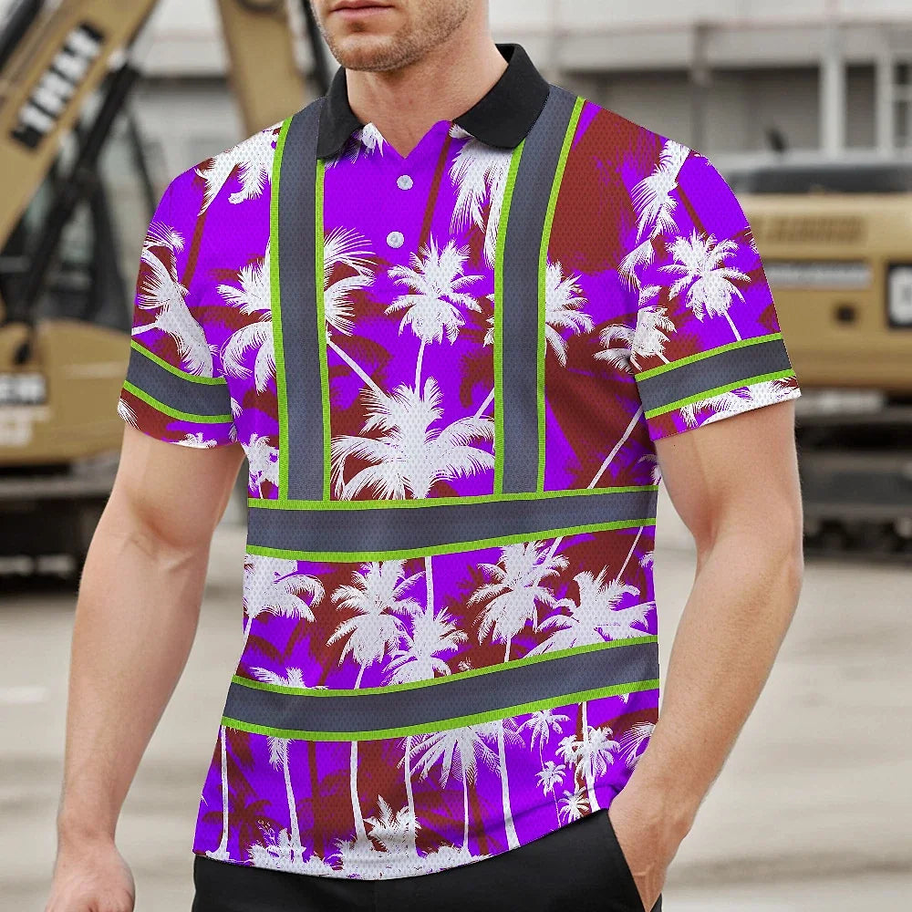 Hi Vis Polo Shirt Reflective Tapes Violet Neon Flowers Custom Name Safety Workwear For Workers, Truckers, Operators