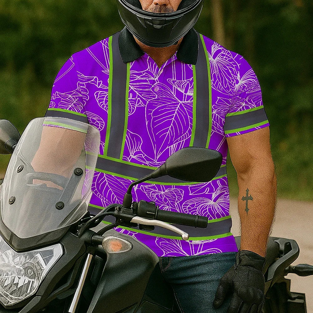 Hi Vis Polo Shirt Reflective Tapes Violet Neon Flowers Custom Name Safety Workwear For Workers, Truckers, Operators
