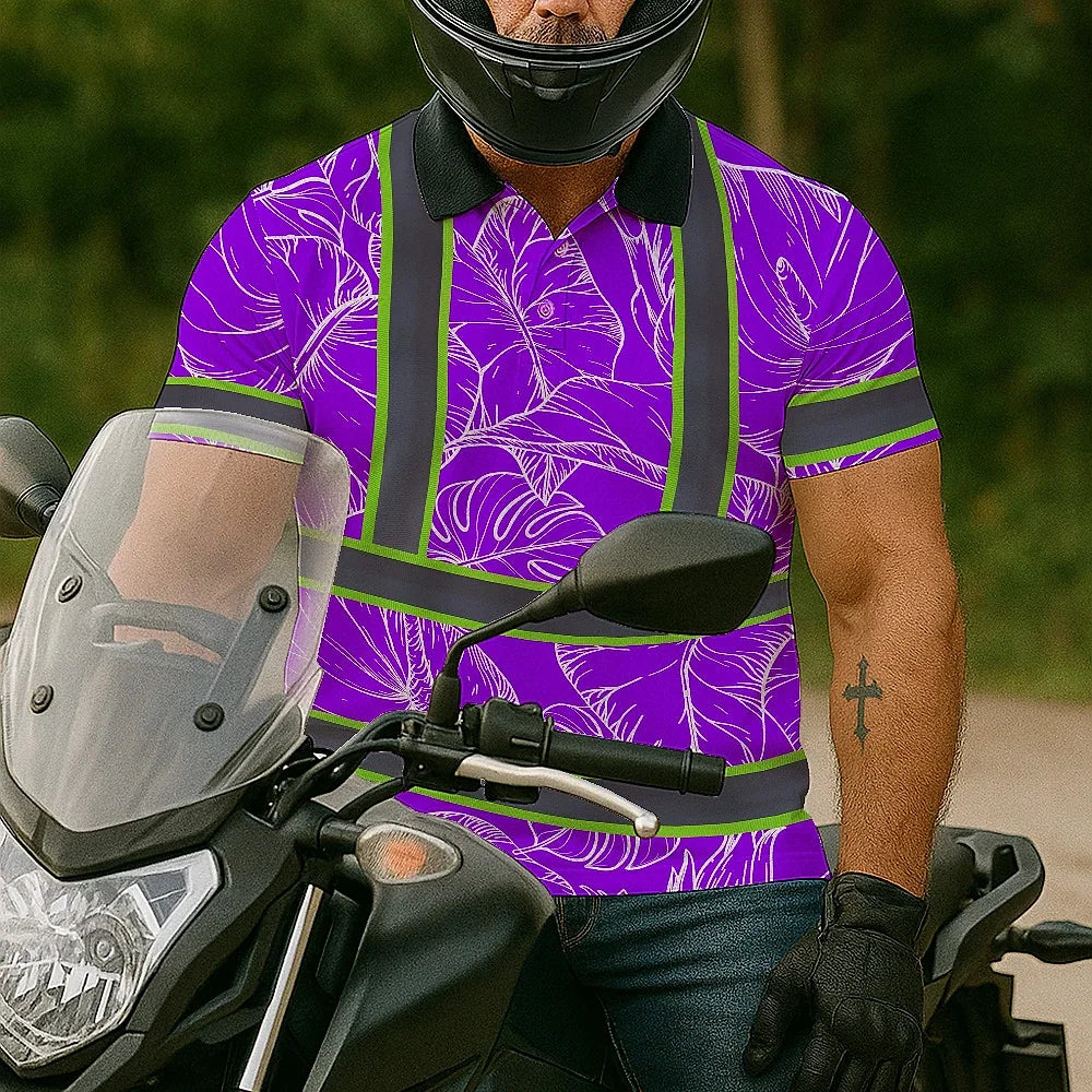 Hi Vis Polo Shirt Reflective Tapes Violet Neon Flowers Custom Name Safety Workwear For Workers, Truckers, Operators