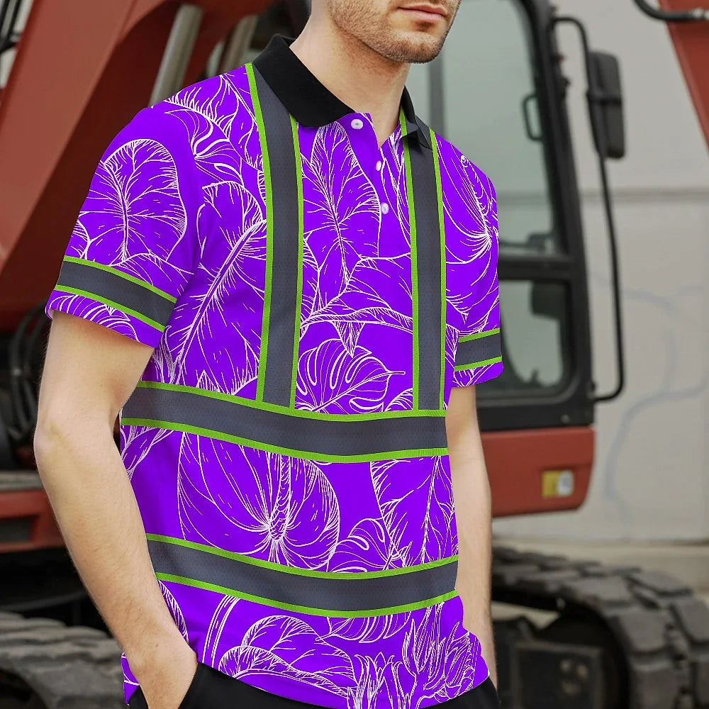 Hi Vis Polo Shirt Reflective Tapes Violet Neon Flowers Custom Name Safety Workwear For Workers, Truckers, Operators