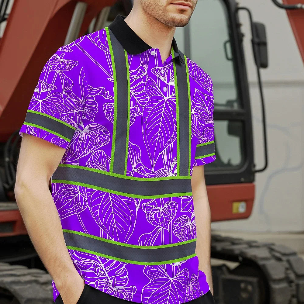 Hi Vis Polo Shirt Reflective Tapes Violet Neon Flowers Custom Name Safety Workwear For Workers, Truckers, Operators