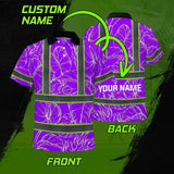 Hi Vis Polo Shirt Reflective Tapes Violet Neon Flowers Custom Name Safety Workwear For Workers, Truckers, Operators