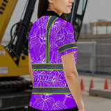 Hi Vis Polo Shirt Reflective Tapes Violet Neon Flowers Custom Name Safety Workwear For Workers, Truckers, Operators