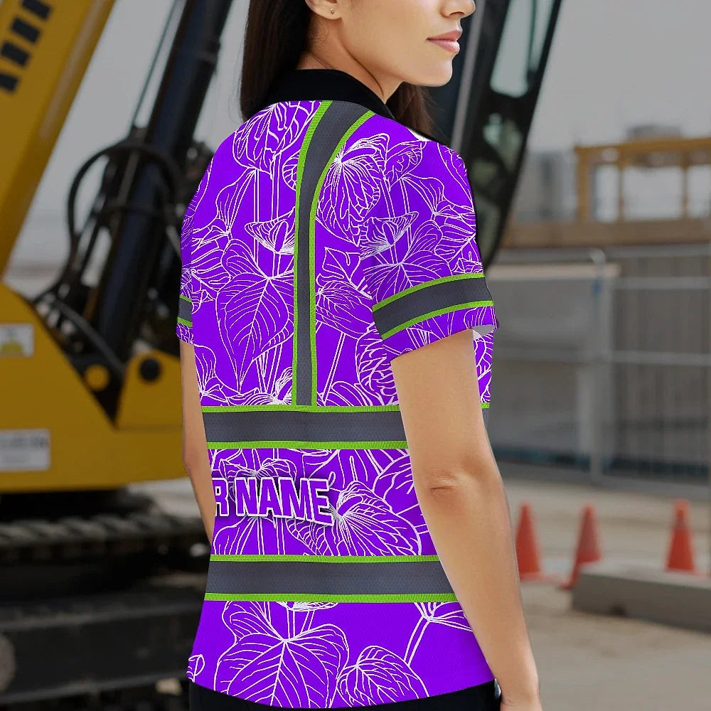 Hi Vis Polo Shirt Reflective Tapes Violet Neon Flowers Custom Name Safety Workwear For Workers, Truckers, Operators