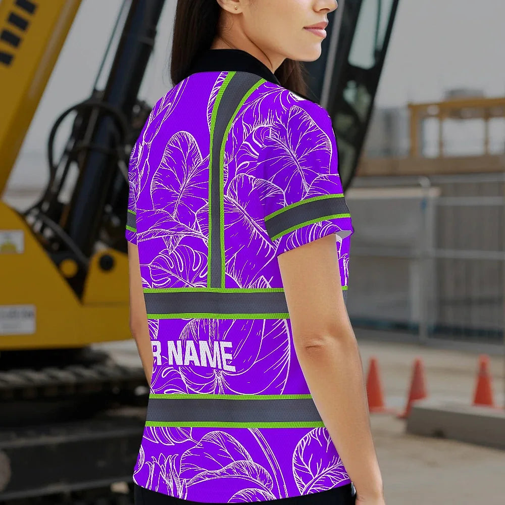 Hi Vis Polo Shirt Reflective Tapes Violet Neon Flowers Custom Name Safety Workwear For Workers, Truckers, Operators