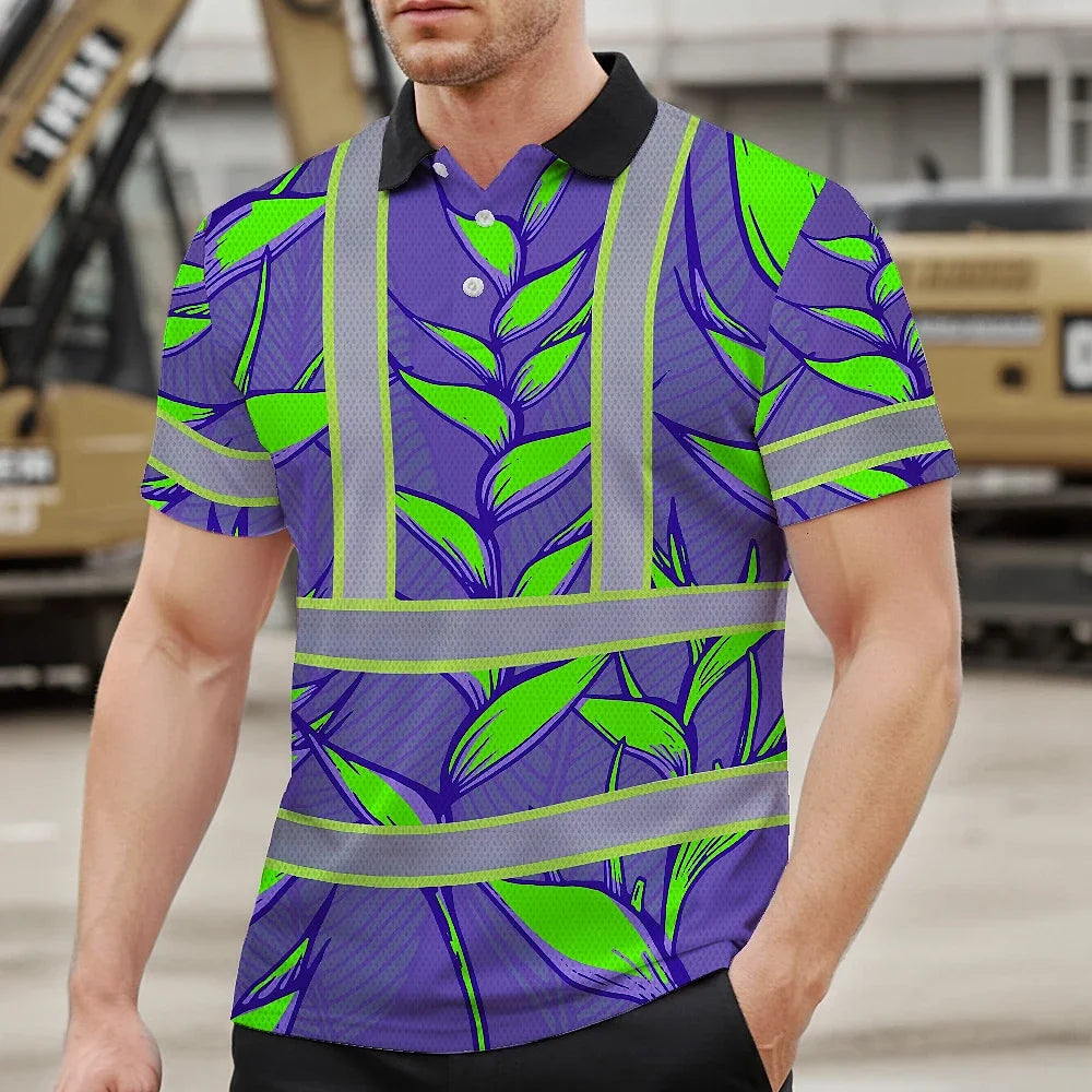 Hi Vis Polo Shirt Reflective Tapes Violet Neon Green Heliconia Custom Name Safety Workwear For Workers, Truckers, Operators