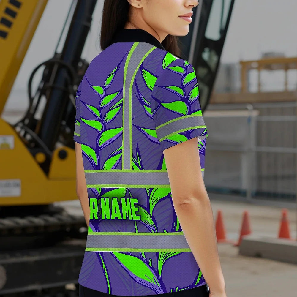 Hi Vis Polo Shirt Reflective Tapes Violet Neon Green Heliconia Custom Name Safety Workwear For Workers, Truckers, Operators