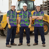 Hi Vis Polo Shirt Reflective Tapes Violet Neon Green Heliconia Custom Name Safety Workwear For Workers, Truckers, Operators