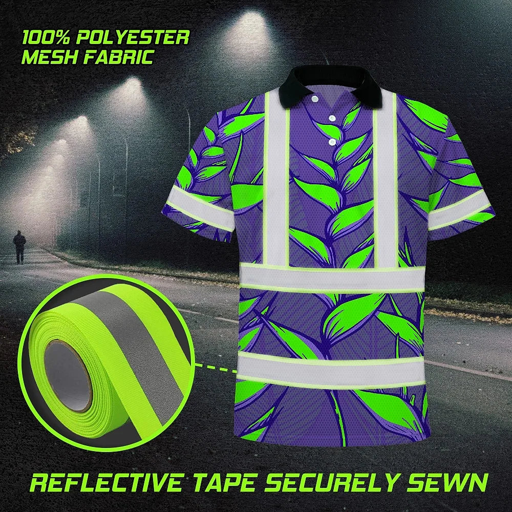 Hi Vis Polo Shirt Reflective Tapes Violet Neon Green Heliconia Custom Name Safety Workwear For Workers, Truckers, Operators