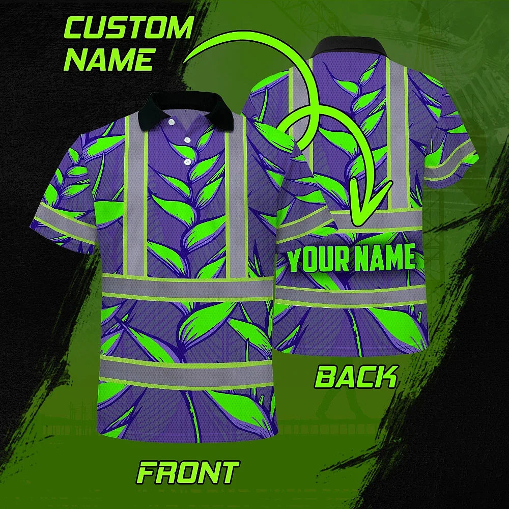 Hi Vis Polo Shirt Reflective Tapes Violet Neon Green Heliconia Custom Name Safety Workwear For Workers, Truckers, Operators
