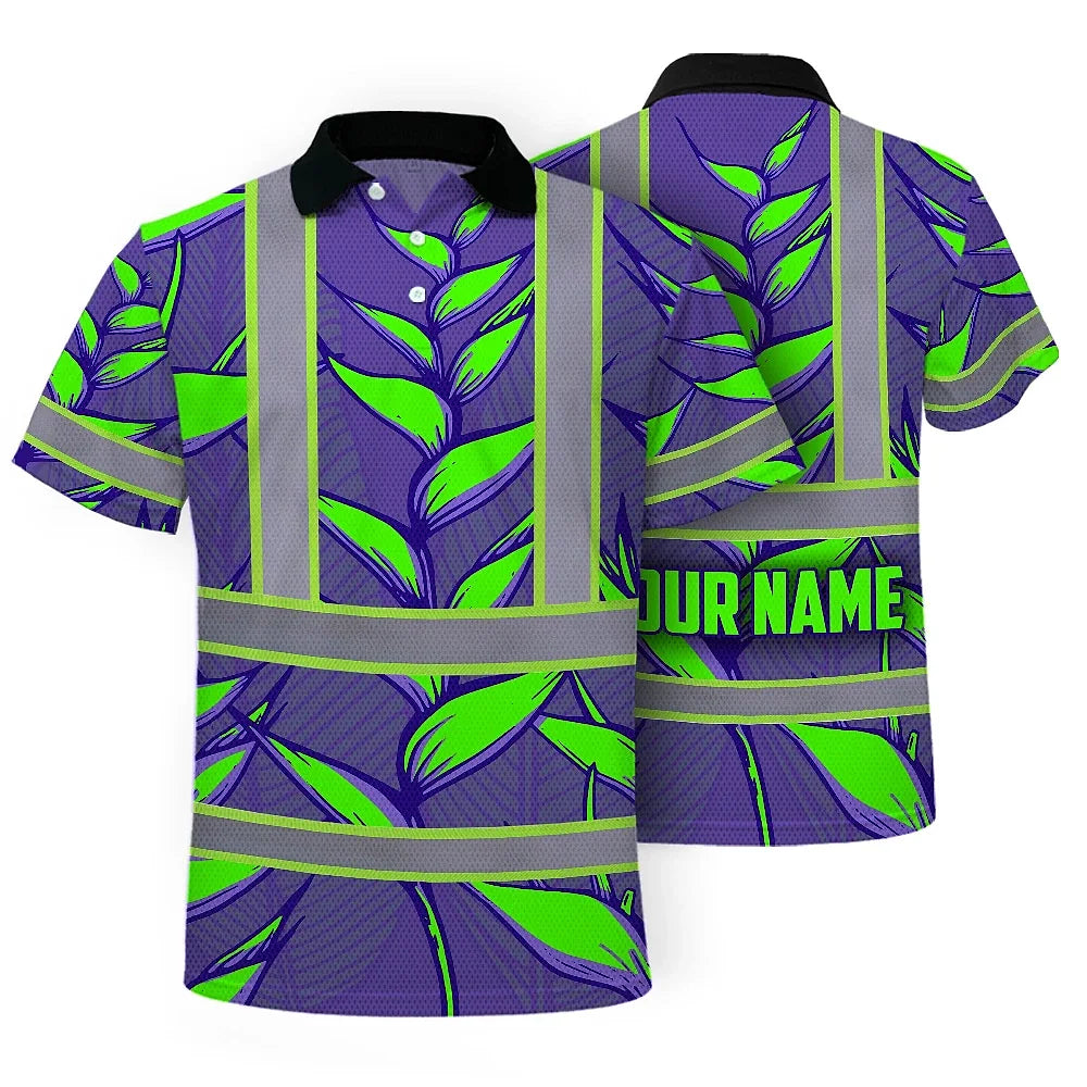 Hi Vis Polo Shirt Reflective Tapes Violet Neon Green Heliconia Custom Name Safety Workwear For Workers, Truckers, Operators