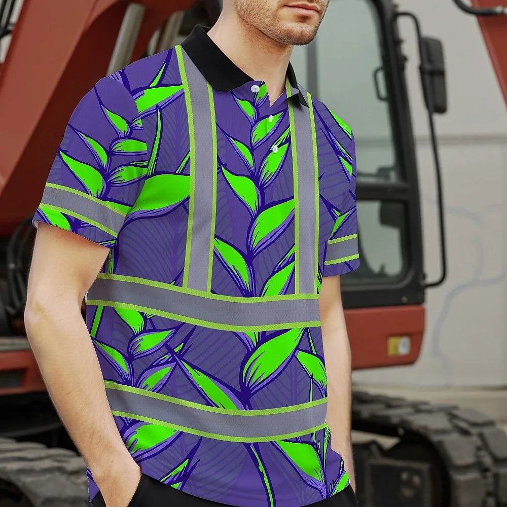 Hi Vis Polo Shirt Reflective Tapes Violet Neon Green Heliconia Custom Name Safety Workwear For Workers, Truckers, Operators