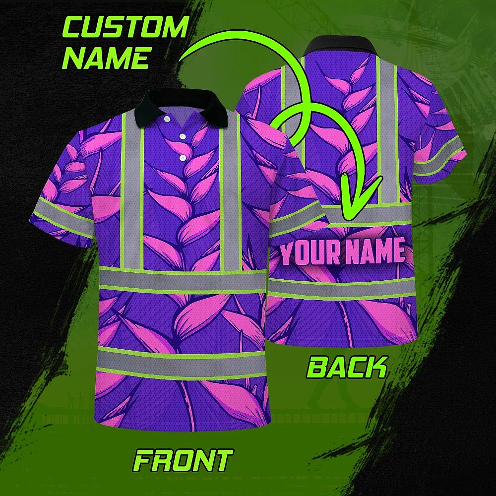 Hi Vis Polo Shirt Reflective Tapes Violet Neon Pink Heliconia Custom Name Safety Workwear For Workers, Truckers, Operators