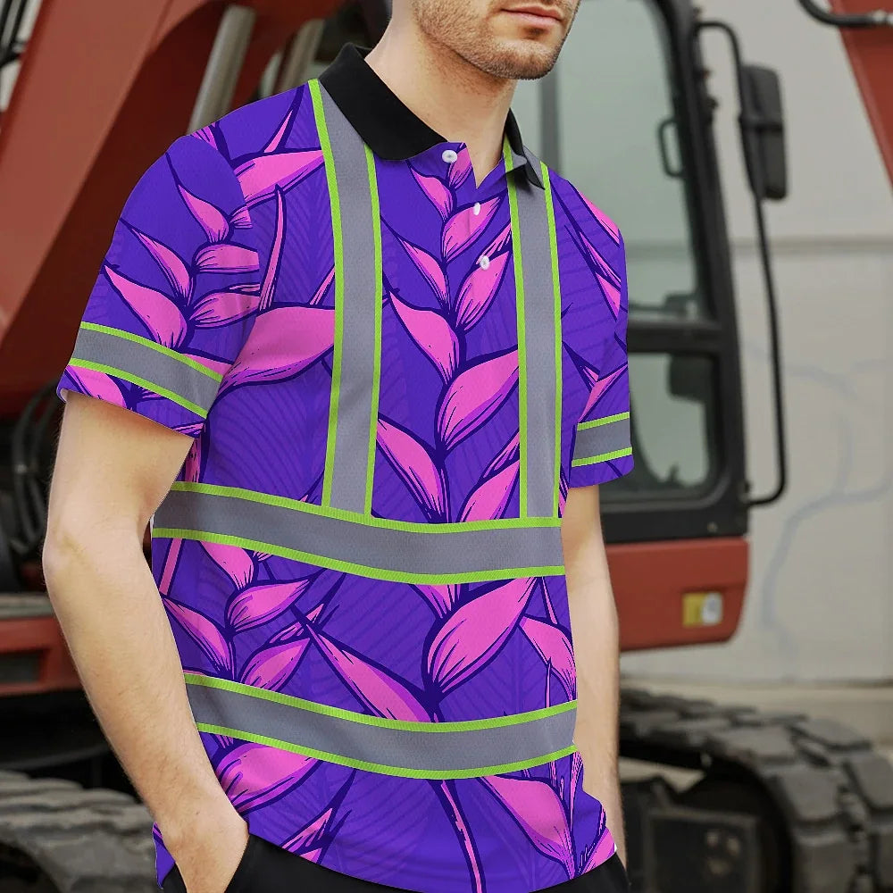 Hi Vis Polo Shirt Reflective Tapes Violet Neon Pink Heliconia Custom Name Safety Workwear For Workers, Truckers, Operators