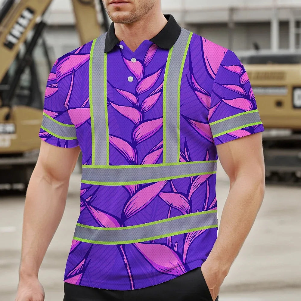 Hi Vis Polo Shirt Reflective Tapes Violet Neon Pink Heliconia Custom Name Safety Workwear For Workers, Truckers, Operators