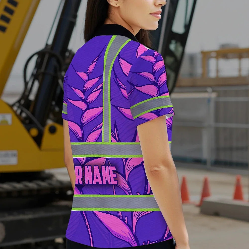 Hi Vis Polo Shirt Reflective Tapes Violet Neon Pink Heliconia Custom Name Safety Workwear For Workers, Truckers, Operators