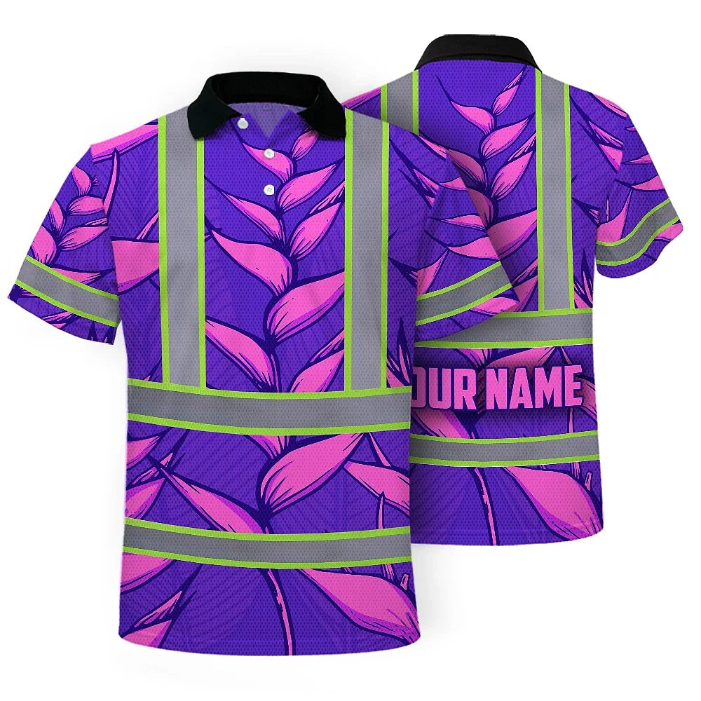Hi Vis Polo Shirt Reflective Tapes Violet Neon Pink Heliconia Custom Name Safety Workwear For Workers, Truckers, Operators