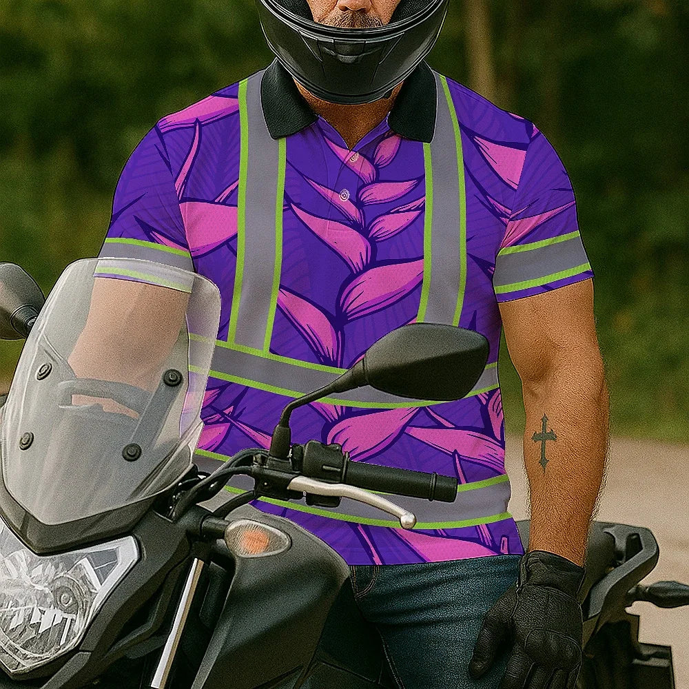 Hi Vis Polo Shirt Reflective Tapes Violet Neon Pink Heliconia Custom Name Safety Workwear For Workers, Truckers, Operators