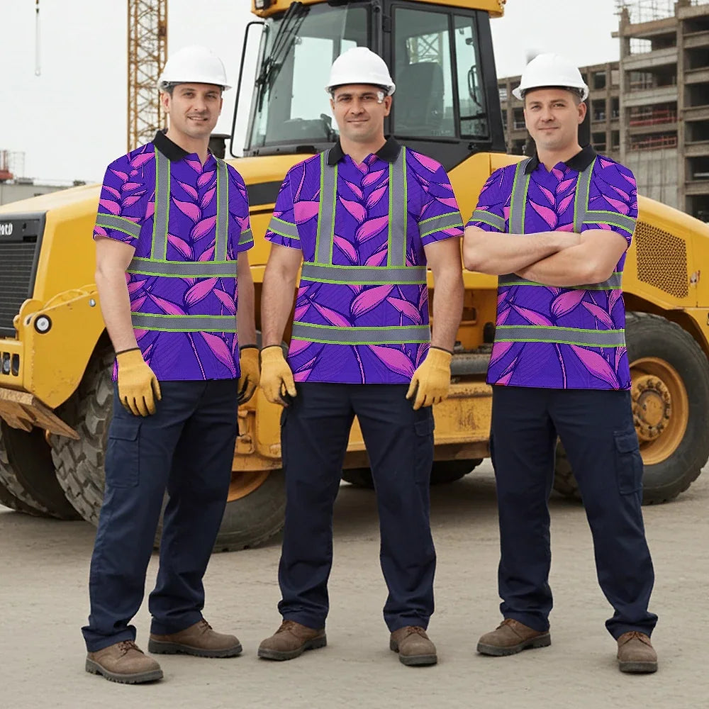 Hi Vis Polo Shirt Reflective Tapes Violet Neon Pink Heliconia Custom Name Safety Workwear For Workers, Truckers, Operators