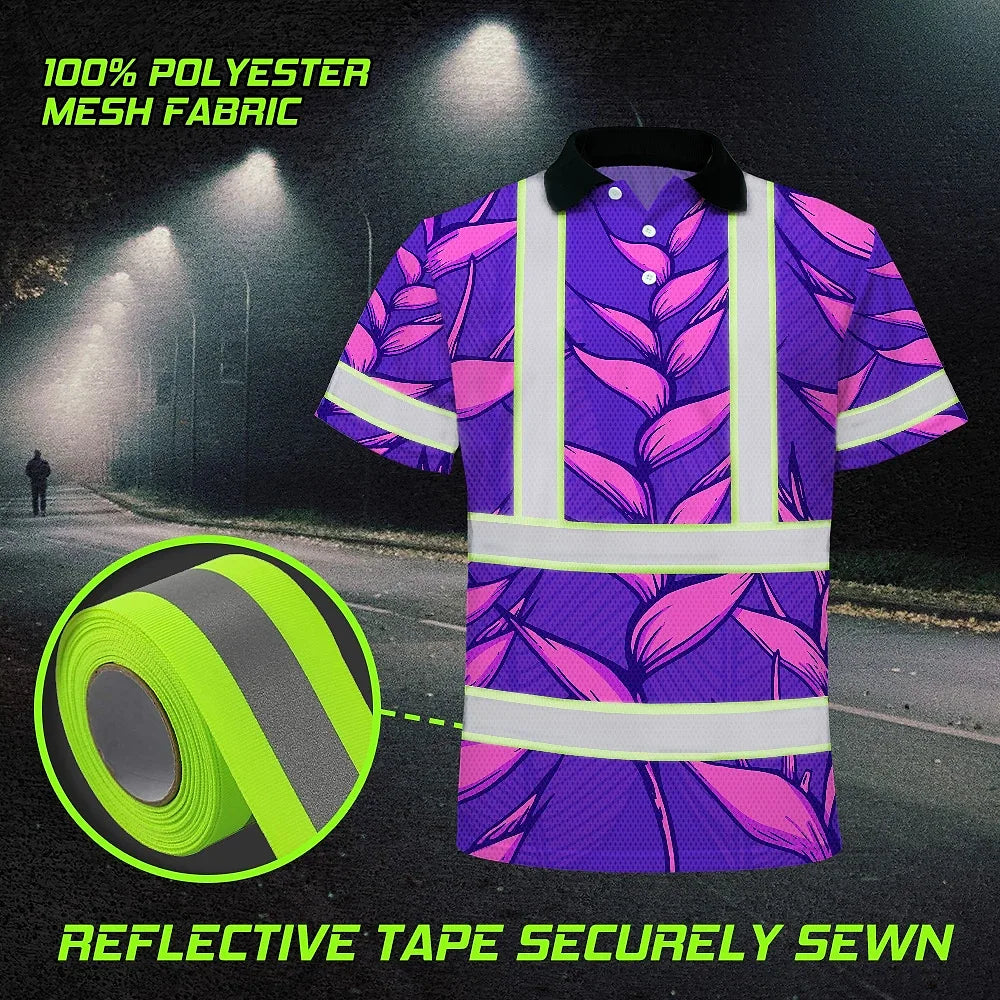 Hi Vis Polo Shirt Reflective Tapes Violet Neon Pink Heliconia Custom Name Safety Workwear For Workers, Truckers, Operators