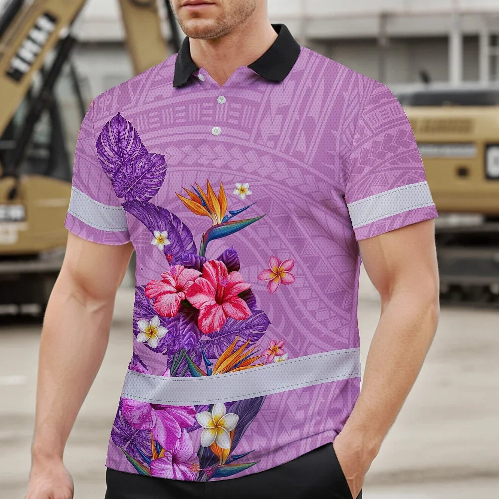 Hi Vis Polo Shirt Reflective Tapes Violet Neon Polynesian And Flowers Custom Name Safety Workwear For Workers, Truckers, Operators