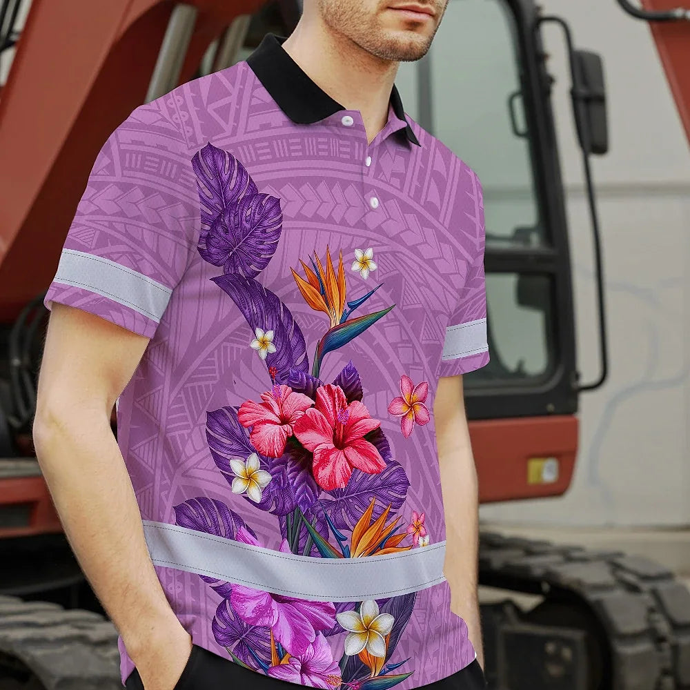 Hi Vis Polo Shirt Reflective Tapes Violet Neon Polynesian And Flowers Custom Name Safety Workwear For Workers, Truckers, Operators