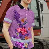 Hi Vis Polo Shirt Reflective Tapes Violet Neon Polynesian And Flowers Custom Name Safety Workwear For Workers, Truckers, Operators
