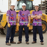 Hi Vis Polo Shirt Reflective Tapes Violet Neon Polynesian And Flowers Custom Name Safety Workwear For Workers, Truckers, Operators