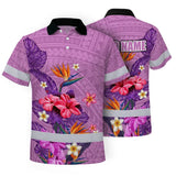 Hi Vis Polo Shirt Reflective Tapes Violet Neon Polynesian And Flowers Custom Name Safety Workwear For Workers, Truckers, Operators