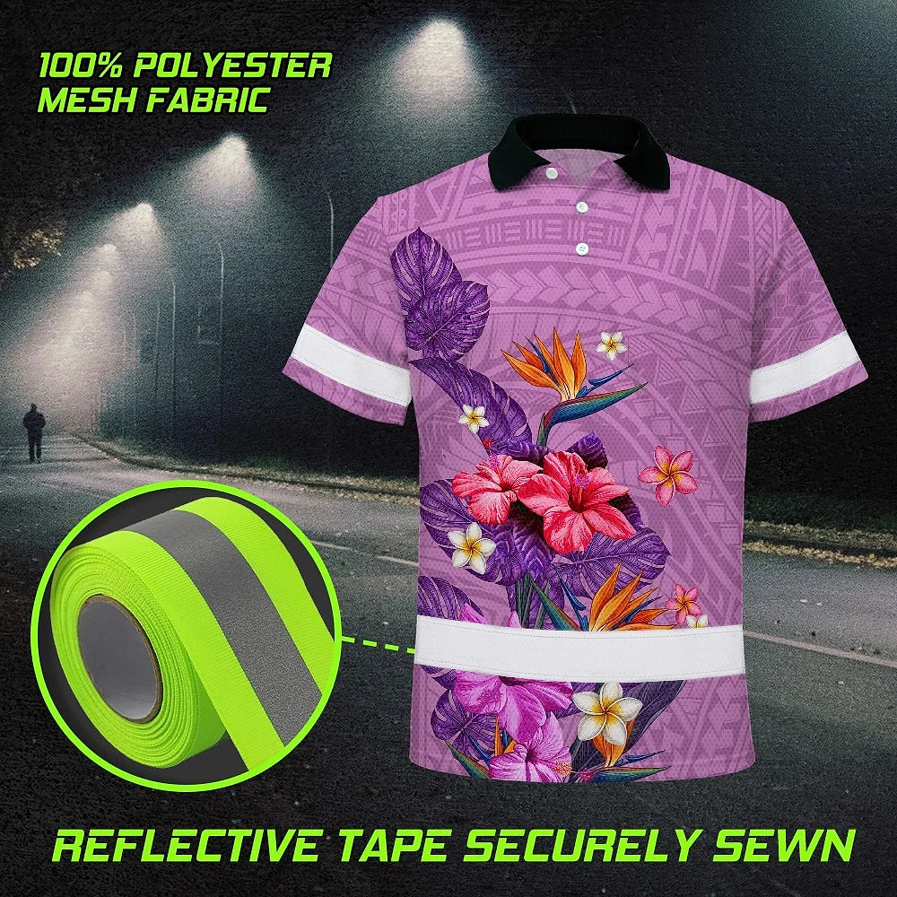 Hi Vis Polo Shirt Reflective Tapes Violet Neon Polynesian And Flowers Custom Name Safety Workwear For Workers, Truckers, Operators