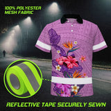 Hi Vis Polo Shirt Reflective Tapes Violet Neon Polynesian And Flowers Custom Name Safety Workwear For Workers, Truckers, Operators