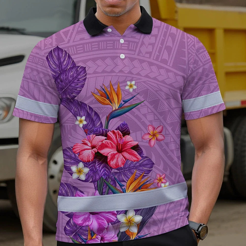 Hi Vis Polo Shirt Reflective Tapes Violet Neon Polynesian And Flowers Custom Name Safety Workwear For Workers, Truckers, Operators